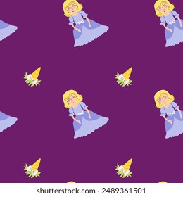 Childrens fairy pattern with princess and castle. Cute fantasy world clipart background. Childish magic pattern with cartoon characters.