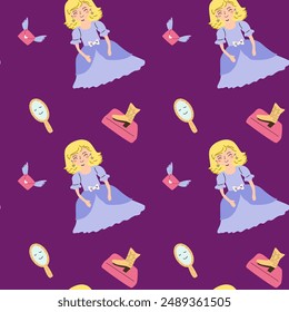 Childrens fairy pattern with princess and castle. Cute fantasy world clipart background. Childish magic pattern with cartoon characters.