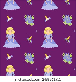 Childrens fairy pattern with princess and castle. Cute fantasy world clipart background. Childish magic pattern with cartoon characters.