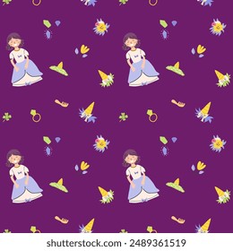 Childrens fairy pattern with princess and castle. Cute fantasy world clipart background. Childish magic pattern with cartoon characters.