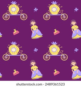 Childrens fairy pattern with princess and castle. Cute fantasy world clipart background. Childish magic pattern with cartoon characters.