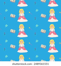 Childrens fairy pattern with princess and castle. Cute fantasy world clipart background. Childish magic pattern with cartoon characters.