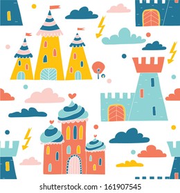 Children's fairy-tale pattern with castles and palaces.  Seamless pattern can be used for wallpaper, pattern fills, web page background, surface textures.