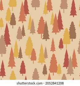 Children's fall forest seamless vector pattern. Cute, kids, autumn tree illustration. Yellow, orange red and brown trees on a natural beige background. Simple, minimal repeat wallpaper texture print. 