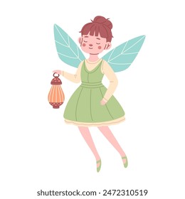 Childrens fantasy character. Fairy in green dress holding night light.
