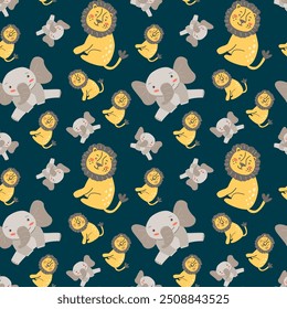 Childrens fashion pattern with baby animals. Cute safari african animals with plant - print. Childish seamless pattern for nursery design, kids textile, boys and girls fabric apparel.