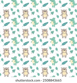 Childrens fashion pattern with baby animals. Cute safari african animals with plant - print. Childish seamless pattern for nursery design, kids textile, boys and girls fabric apparel.