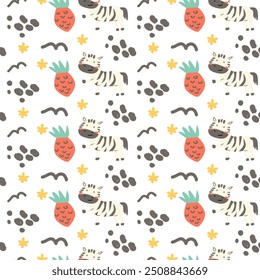 Childrens fashion pattern with baby animals. Cute safari african animals with plant - print. Childish seamless pattern for nursery design, kids textile, boys and girls fabric apparel.