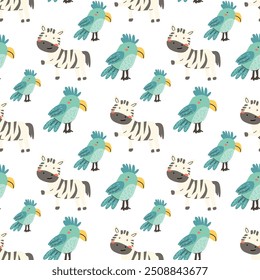 Childrens fashion pattern with baby animals. Cute safari african animals with plant - print. Childish seamless pattern for nursery design, kids textile, boys and girls fabric apparel.