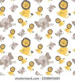 Childrens fashion pattern with baby animals. Cute safari african animals with plant - print. Childish seamless pattern for nursery design, kids textile, boys and girls fabric apparel.