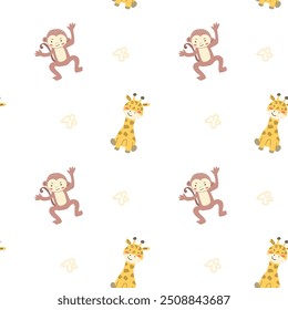 Childrens fashion pattern with baby animals. Cute safari african animals with plant - print. Childish seamless pattern for nursery design, kids textile, boys and girls fabric apparel.