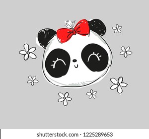 Children's fashion print. Cute Panda girl with bow vector illustration. Textile design.