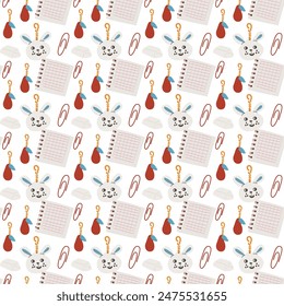 Childrens fashion school pattern. Back to school or kindergarten supplies seamless background. Hand drawn education elements design. Print for fabric, textile, wrapping paper.