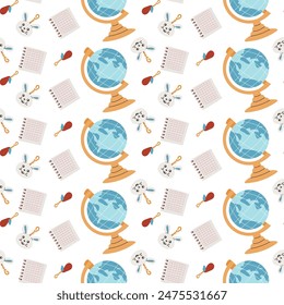 Childrens fashion school pattern. Back to school or kindergarten supplies seamless background. Hand drawn education elements design. Print for fabric, textile, wrapping paper.