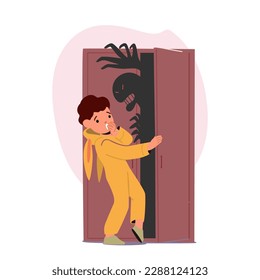 Children's Fear Of Monster Hiding In Closet  Concept Childhood Fears  Horror  Or Anxiety Theme and Little Boy Character Open Cupboard and Creepy Beast inside  Cartoon People Vector Illustration