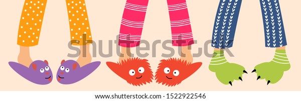Children\'s feet in funny slippers. Children\
in pajamas spend the night with friends. Pajama party. Vector\
editable\
illustration
