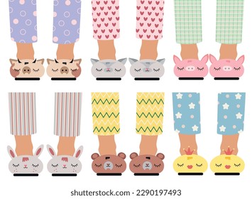 Children's feet in funny slippers. A set of children's feet in slippers with animals. Pajama party, kids holiday.Vector illustration isolated on white background.