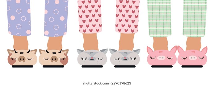 Children's feet in funny slippers. A set of children's feet in slippers with animals. Pajama party, kids holiday.Vector illustration isolated on white background.