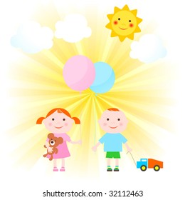 Children's figures, clouds, the sky and the sun