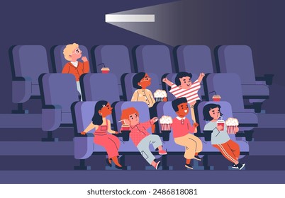 Children's film screening. Vector image of children in cinema seats with popcorn and soda. Illustration in a flat style Conveying the essence of children's leisure time in a cinema setting.