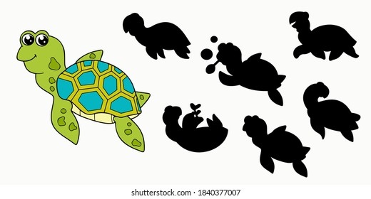 Children`s find the correct shadow game. Vector cartoon isolated turtle on the white background. 