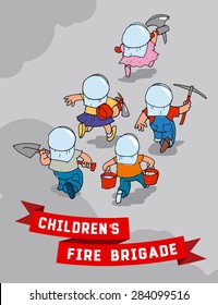 Children's fire team hurries to extinguish the fire