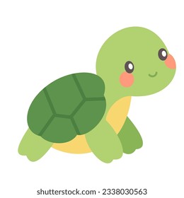 Ilustración vectorial plana infantil sobre fondo blanco. Tortuga verde suave  