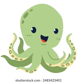 Ilustración vectorial plana de los niños sobre fondo blanco. Pulpo verde lindo 