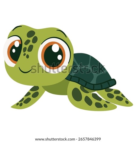 Children's flat vector illustration on white background. Cute green turtle 