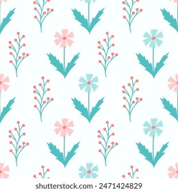 Children's floral pattern. Hand drawn flowers and berries cute background.