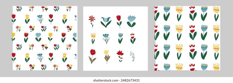 Childrens floral pattern set. Cute flowers and leaves in hand drawn childish style. Kids flowers background in folk style. For textile, fabric design. Childrens cute endless pattern.