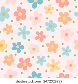 Children's floral seamless pattern. Multicolored hand drawn flowers cute background.