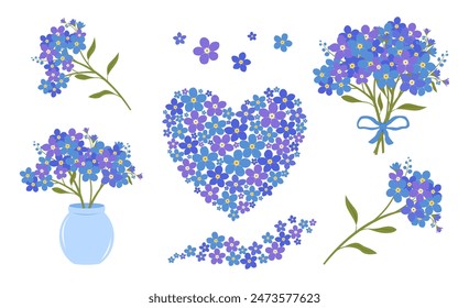 Childrens floral set of forget me nots elements on white background. Summer botanical collection of twigs, bouquets of blue flowers