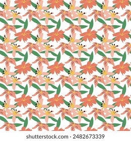 Childrens flowers pattern set. Cute floral elements in hand drawn style. Colorful background For textile, fabric design, kitchen decoration. Flowers endless pattern.