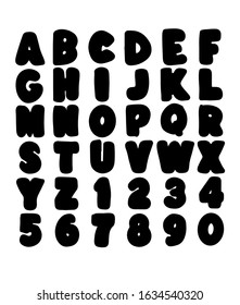 Children's font. black and white Set of cute letters, numbers and symbols. Hand drawn graphic font. Vector letters set. Fun style with decorations. For nursery, birthday invitation, children's party.