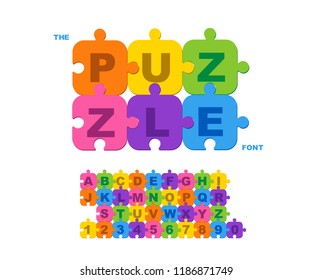 	
Children's font in the cartoon style. Colorful Background Puzzle. Jigsaw Puzzle Banner. Alphabet Vector Illustration. Abstract Puzzle Background. Puzzle Game, Mosaic. Type letters, numbers.