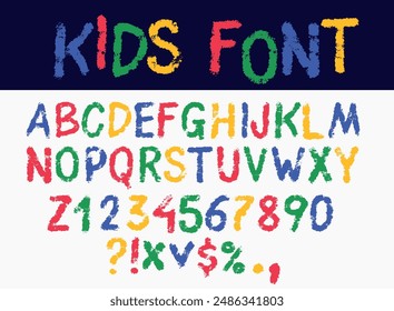 Children's font in the cartoon style of kids. Kids style colorful font design, playful kid alphabet, letters and numbers. Colored playful style font design. Set of multicolored bright letters vector