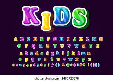 Children's font in the cartoon style. Set of multicolored bright letters for inscriptions. Vector illustration of an alphabet.