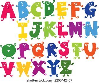 Children's font in cartoon style. Set of colorful bright letters for lettering with cute faces. Vector illustration of the alphabet.
