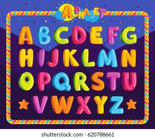 Children's Font In The Cartoon Style. Set Of Multicolored Bright Letters For Inscriptions. Vector Illustration Of An Alphabet.