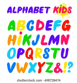 Children's font in the cartoon style. Set of multicolored bright letters for inscriptions. Vector illustration of an alphabet. Freehand drawing. Isolated on white background.