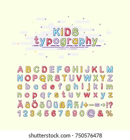 Children's font in the mbe style. Colorful kids typography. Vector illustration of an alphabet. English, German and Spanish letters.