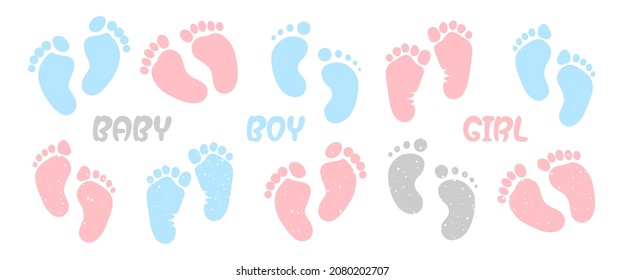 Children's footprints. Very cute foot prints of girls and boys in pastel colors
