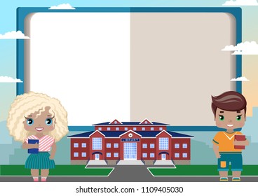 children's frame in the form of an open book for text (ads, diploma, certificate, greetings, voucher, photo, collage, banner, cards)with a library and children with books