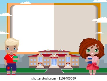 children's frame in the form of an open book for text (ads, diploma, certificate, greetings, voucher, photo, collage, banner, cards)with a library and children with books