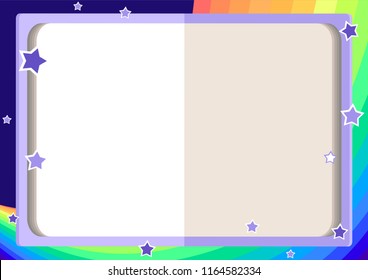children's frame with an open book, rainbow, sky and stars in cartoon style (background for children's announcements, photos, diploma, certificate, coupon)