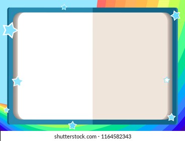 children's frame with an open book, rainbow, sky and stars in cartoon style (background for children's announcements, photos, diploma, certificate, coupon)