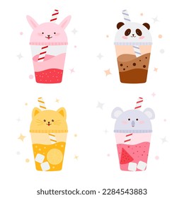 Children's fruit cocktail with a straw and a cap in the form of cute animals in the style of kawaii. Kawaii animals bunny, panda, koala, cat