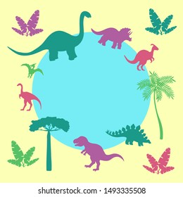 Children's fun frame with abstract bright colorful silhouettes of dinosaurs