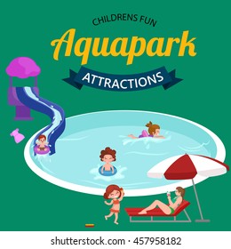 childrens fun in summing water park, pools and slides in aquapark for happy active lifestyle kids vacation, extreme holiday aqua ride in swimmingpool, indoor resort with pipe attraction vector
